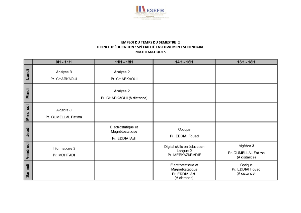 MATH. MATH - azdezrz - EMPLOI DU TEMPS DU SEMESTRE 2 LICENCE D ...