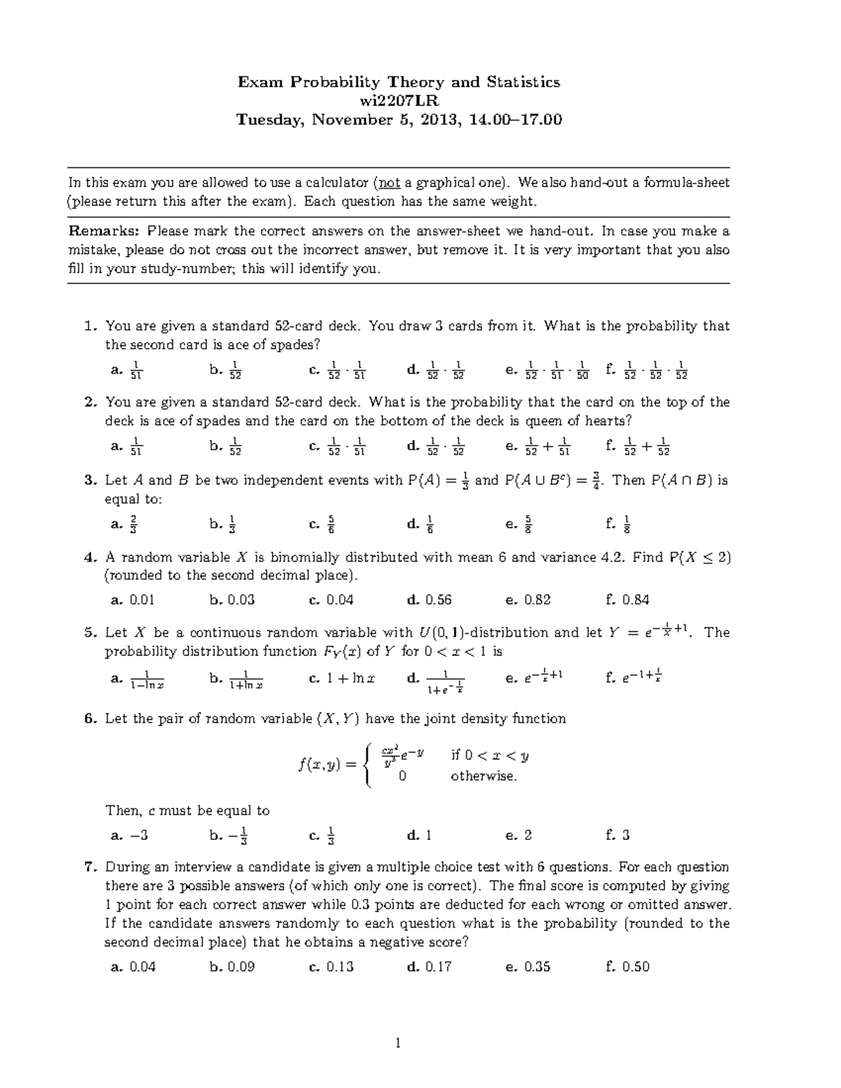 Exam November 5 2013 Questions And Answers Exam Probability Theory 