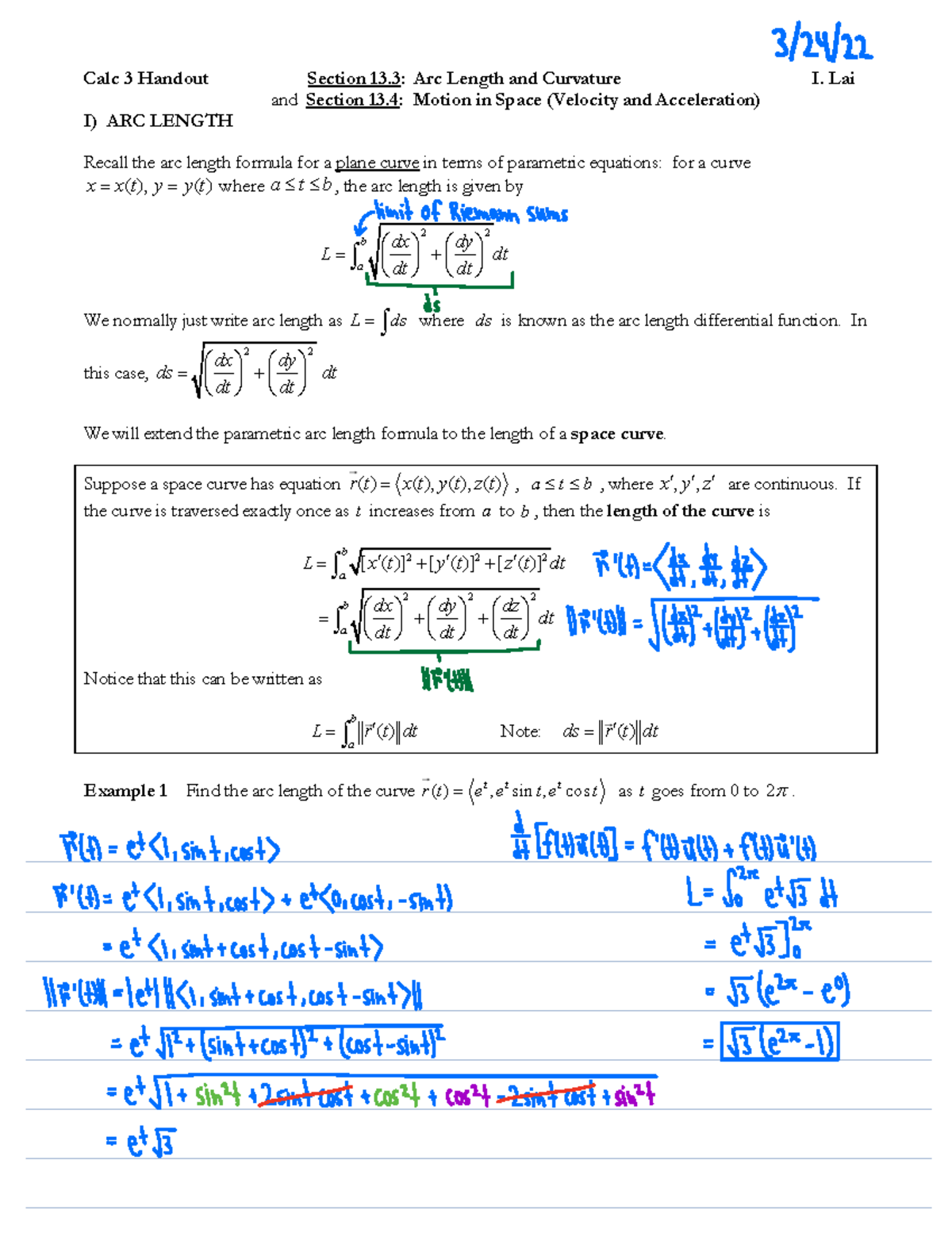 Arc Length and TNB frame 1 Calc 3 Handout Section 13 Arc Length and