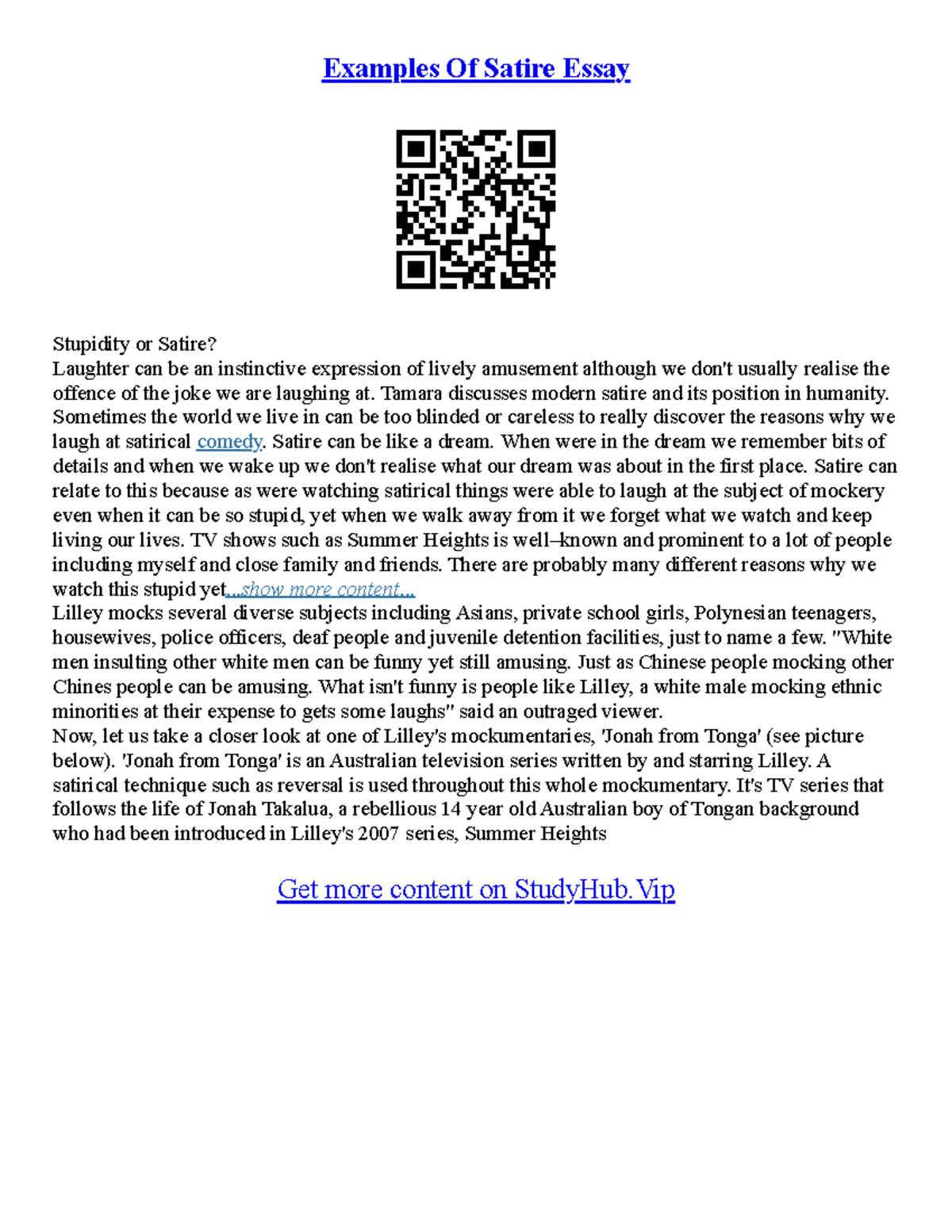 Satire Essay Examples - Examples Of Satire Essay Stupidity or Satire ...