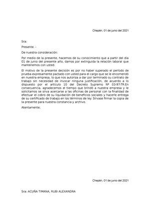 Carta DE Despido POR Periodo DE Prueba - Chepén, 01 de junio del 2021 Sra:  Presente. - De nuestra - Studocu