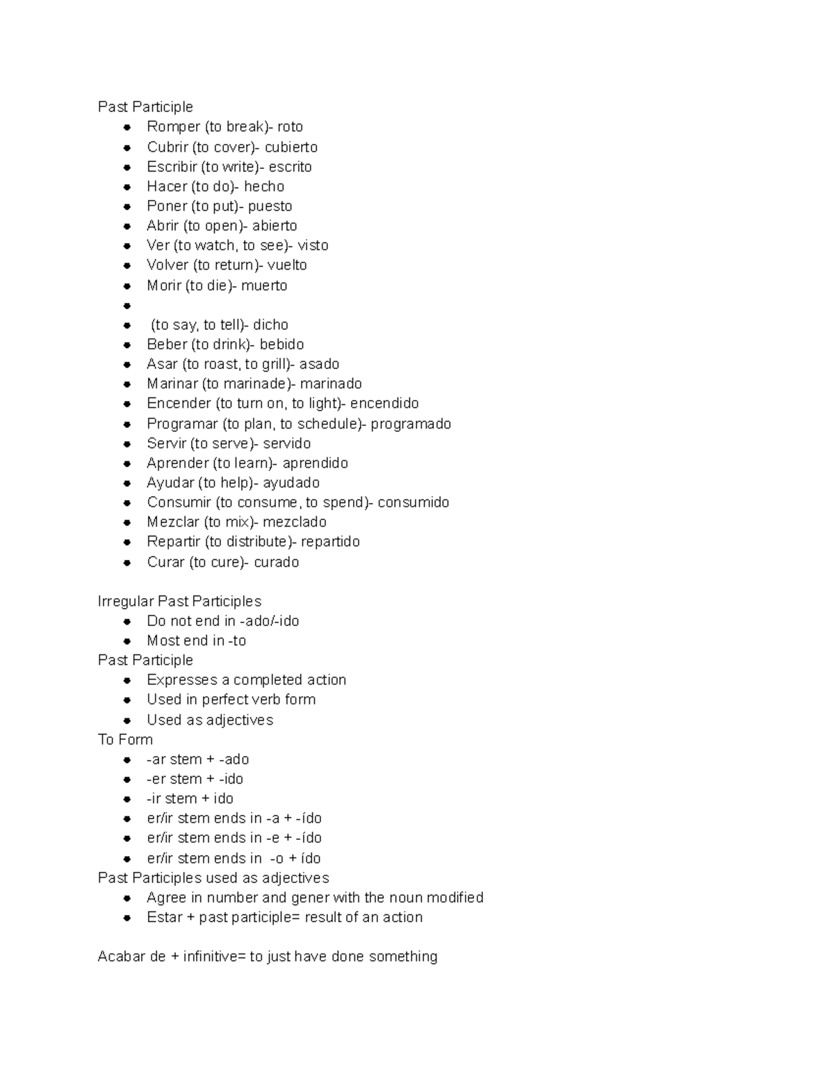 Chapter 10 Test Prep Past Participle Romper (to break) roto Cubrir