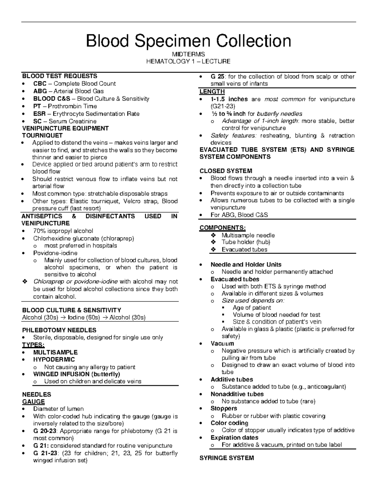Hematology Blood Specimen Collection Blood Specimen Collection