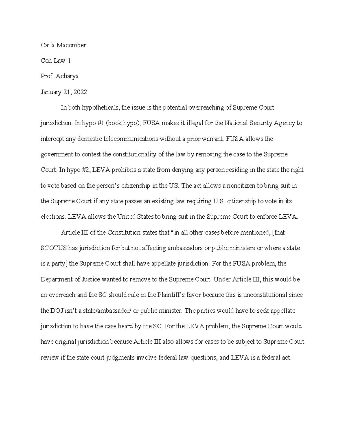 Con Law Hypo Answer hypothetical Caila Con Law 1 Prof