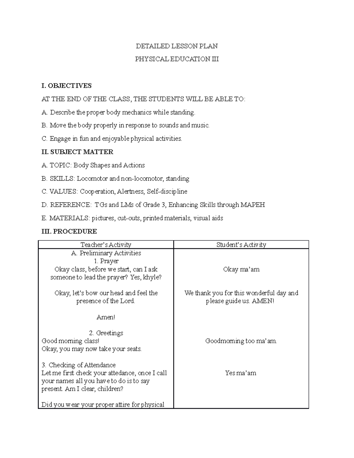 physical education lesson plan grade 3