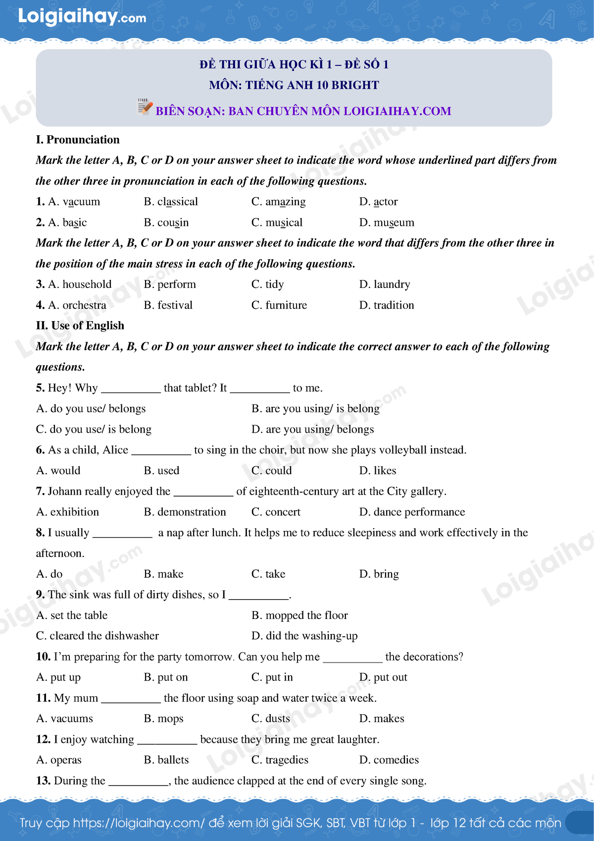 ĐÁP ÁN ĐỀ 1 - hoc tieng anh - I. Pronunciation Mark the letter A, B, C ...