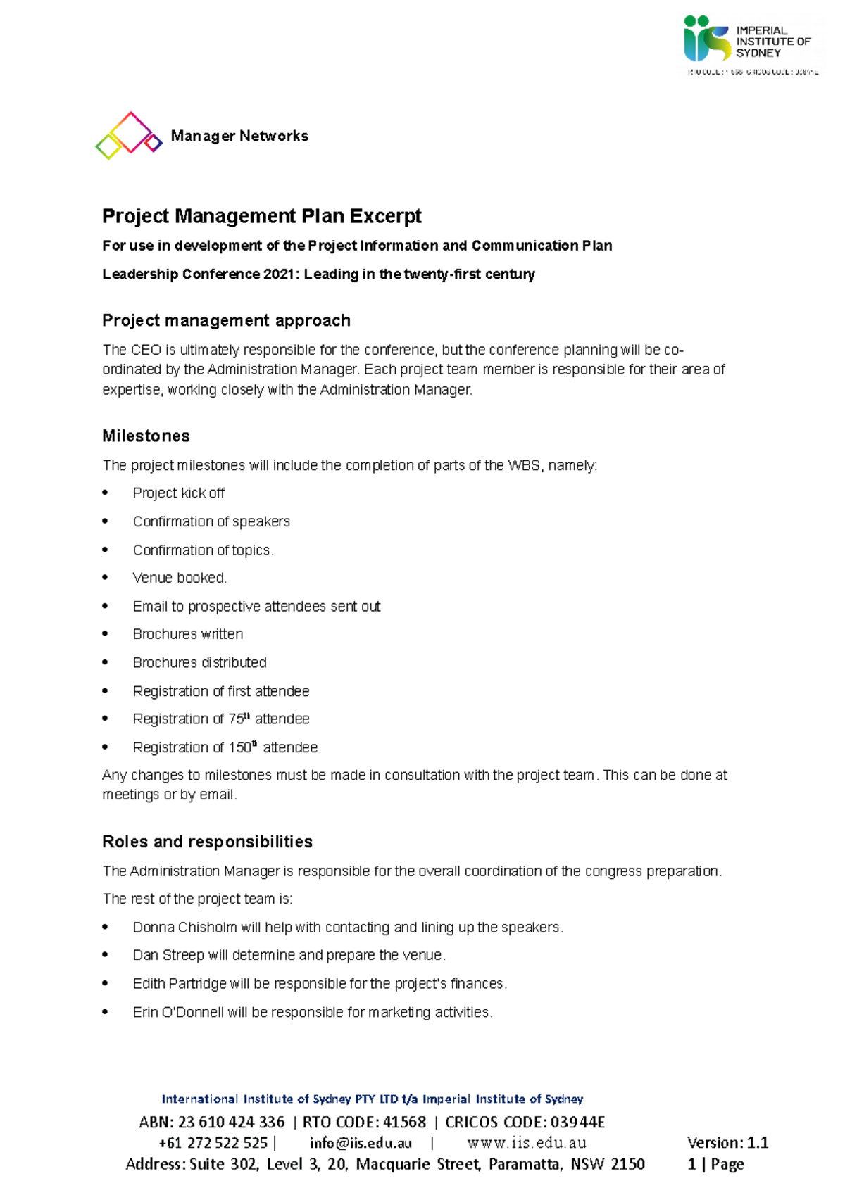 Project Management Plan Excerpt - Manager Networks Project Management ...