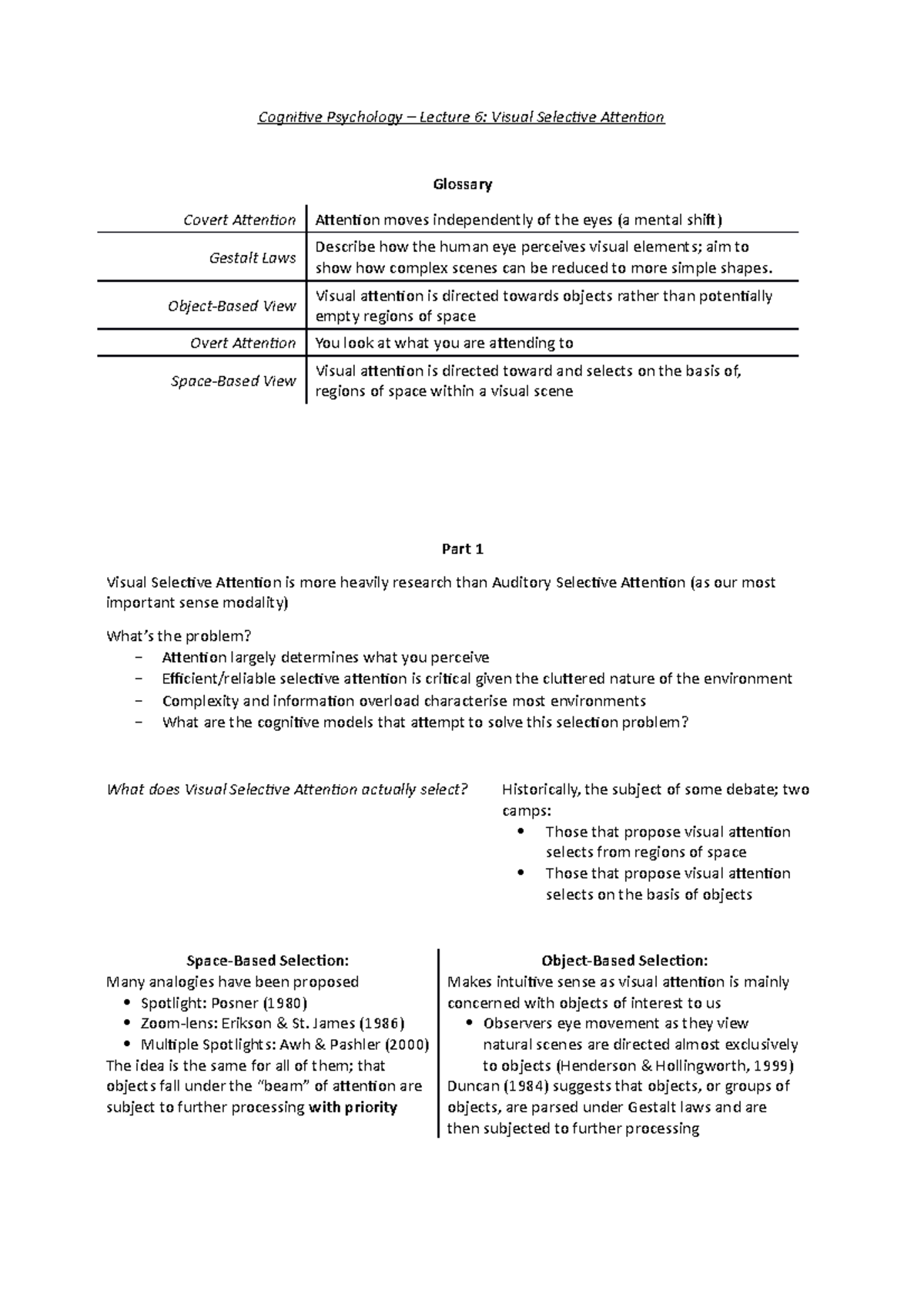 Visual Selective Attention - Cognitive Psychology – Lecture 6: Visual ...