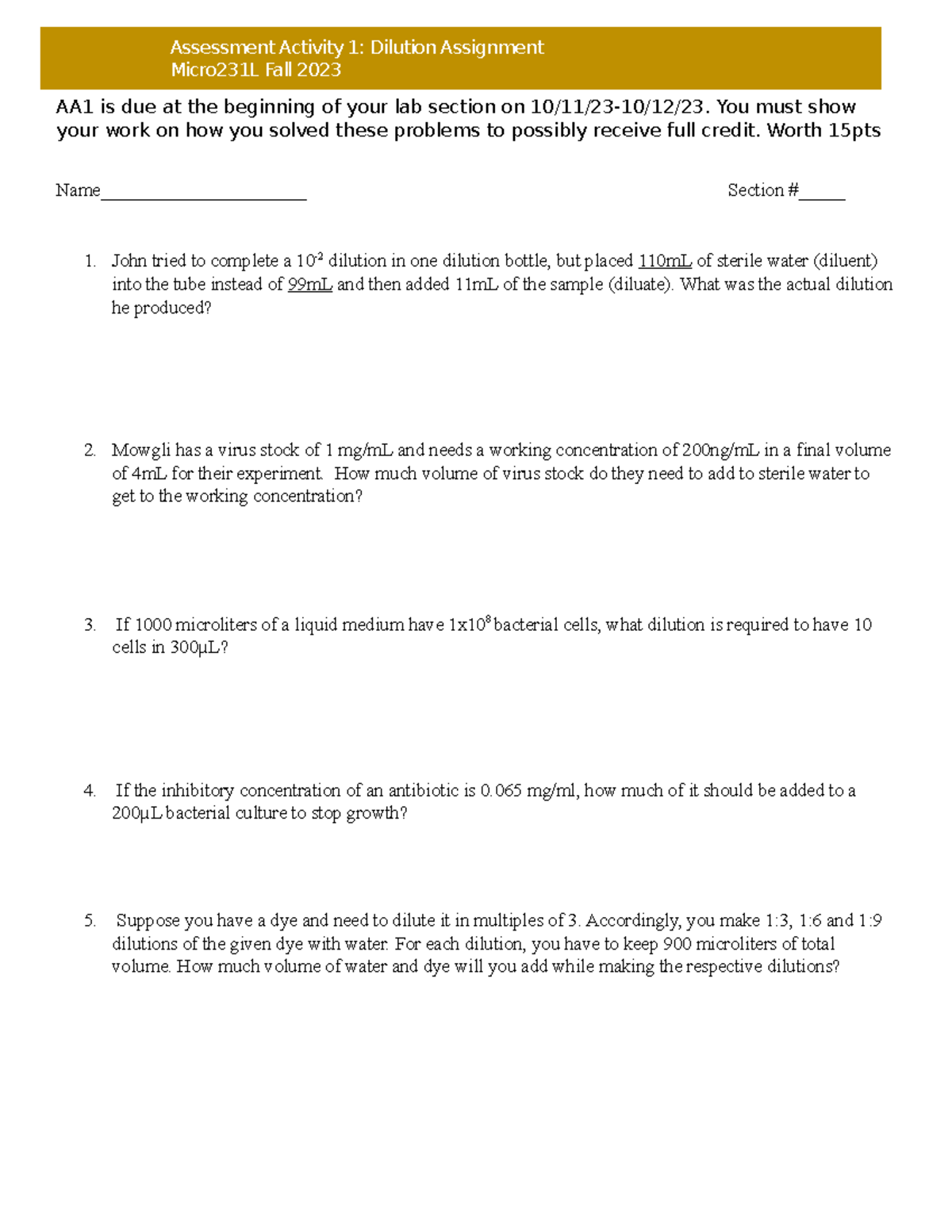 231L AA1 Dilution Assignment - AA1 is due at the beginning of your lab ...