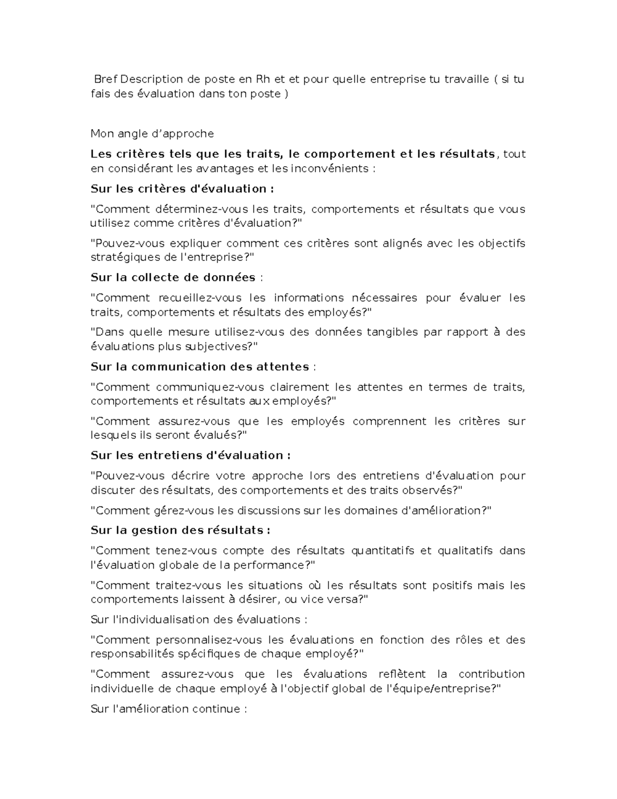 Questionnaires - Bref Description de poste en Rh et et pour quelle ...