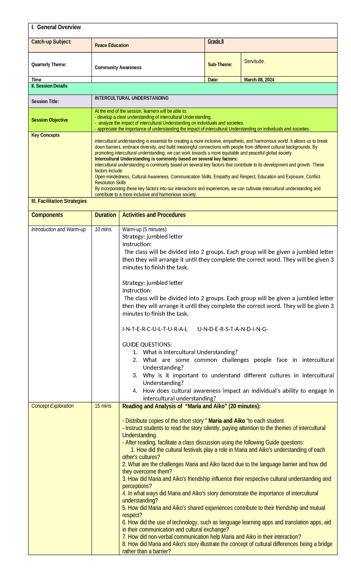 Intercultural understanding lesson plan - I. General Overview Catch-up ...