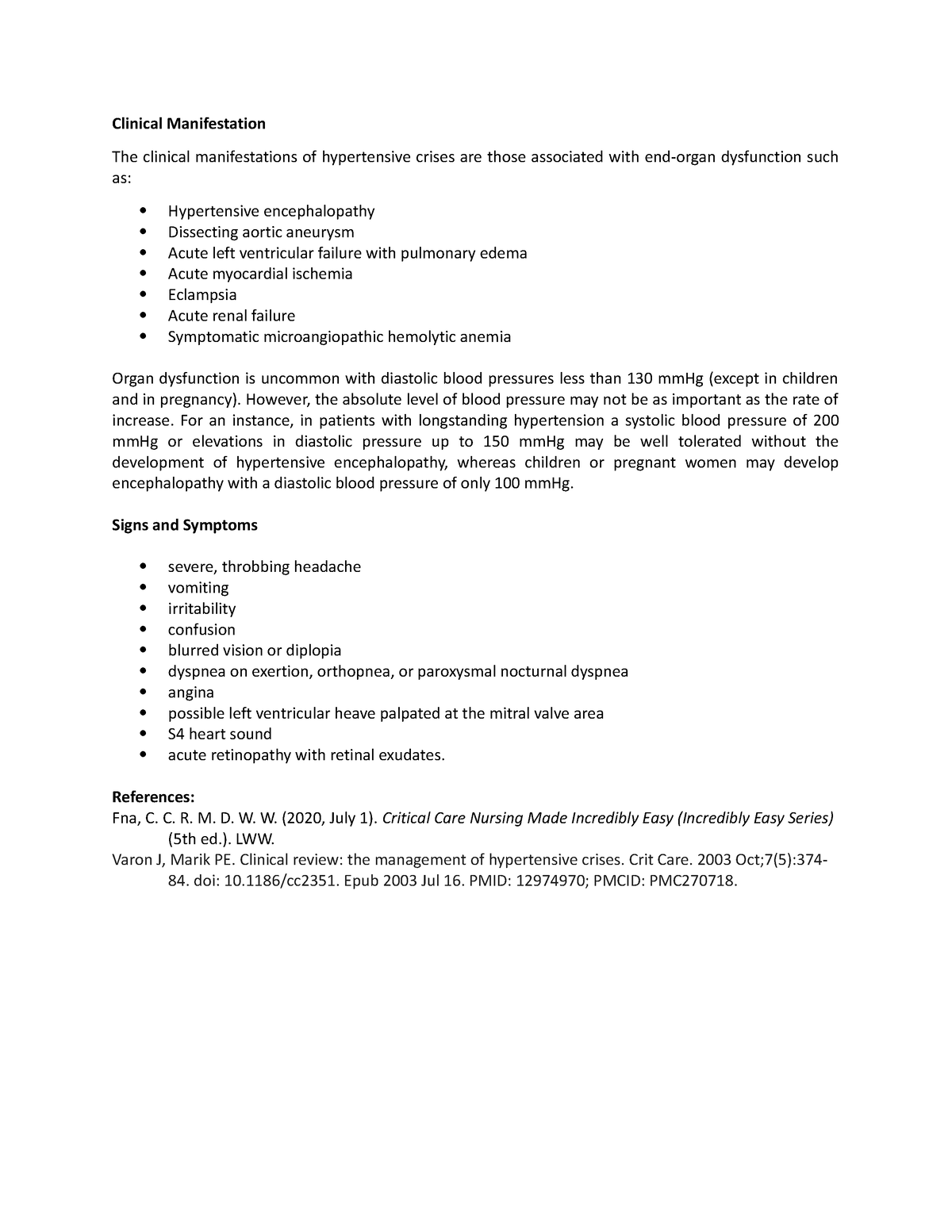 HYPERTENSIVE CRISIS - Clinical Manifestation The clinical ...