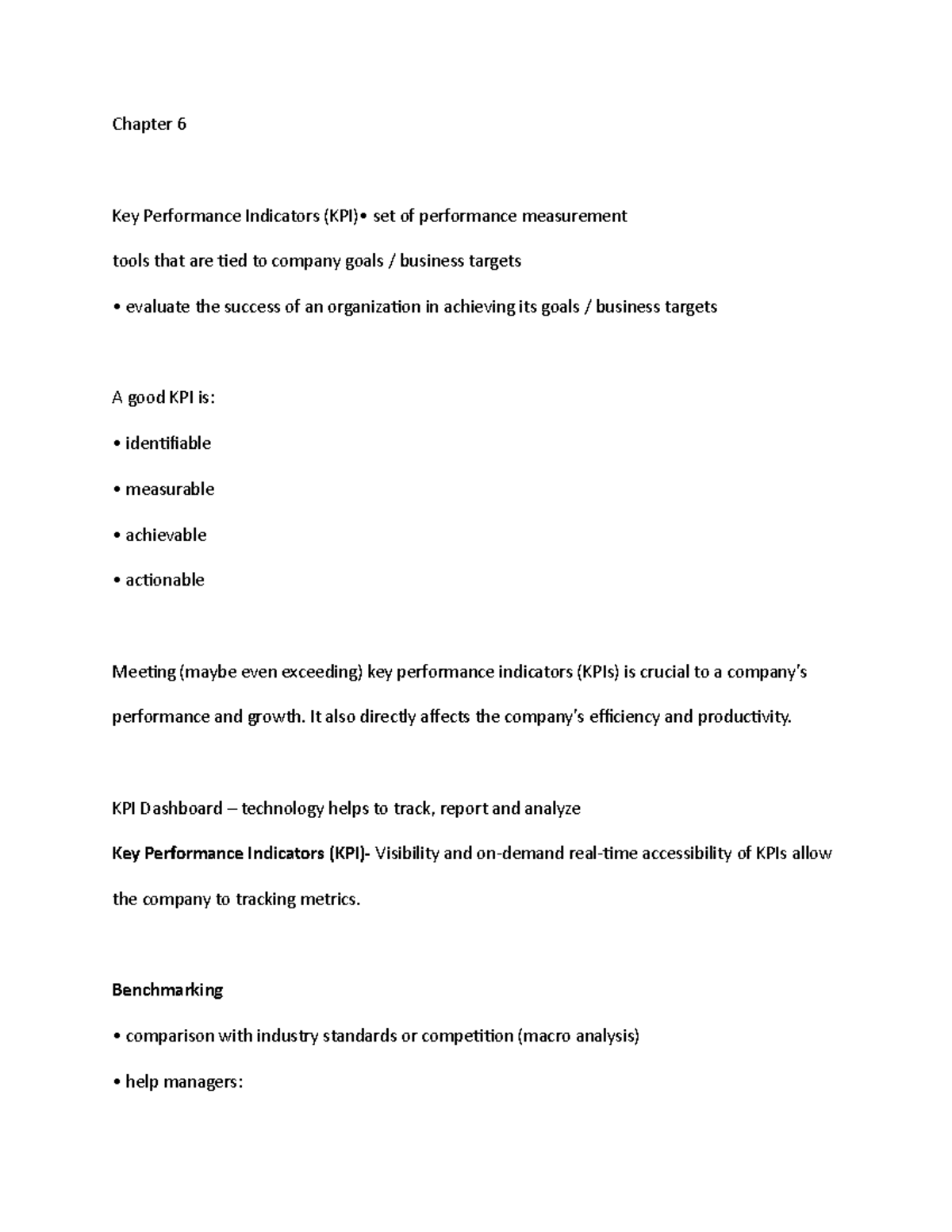 Chapter 6 summary - Chapter 6 Key Performance Indicators (KPI)• set of ...