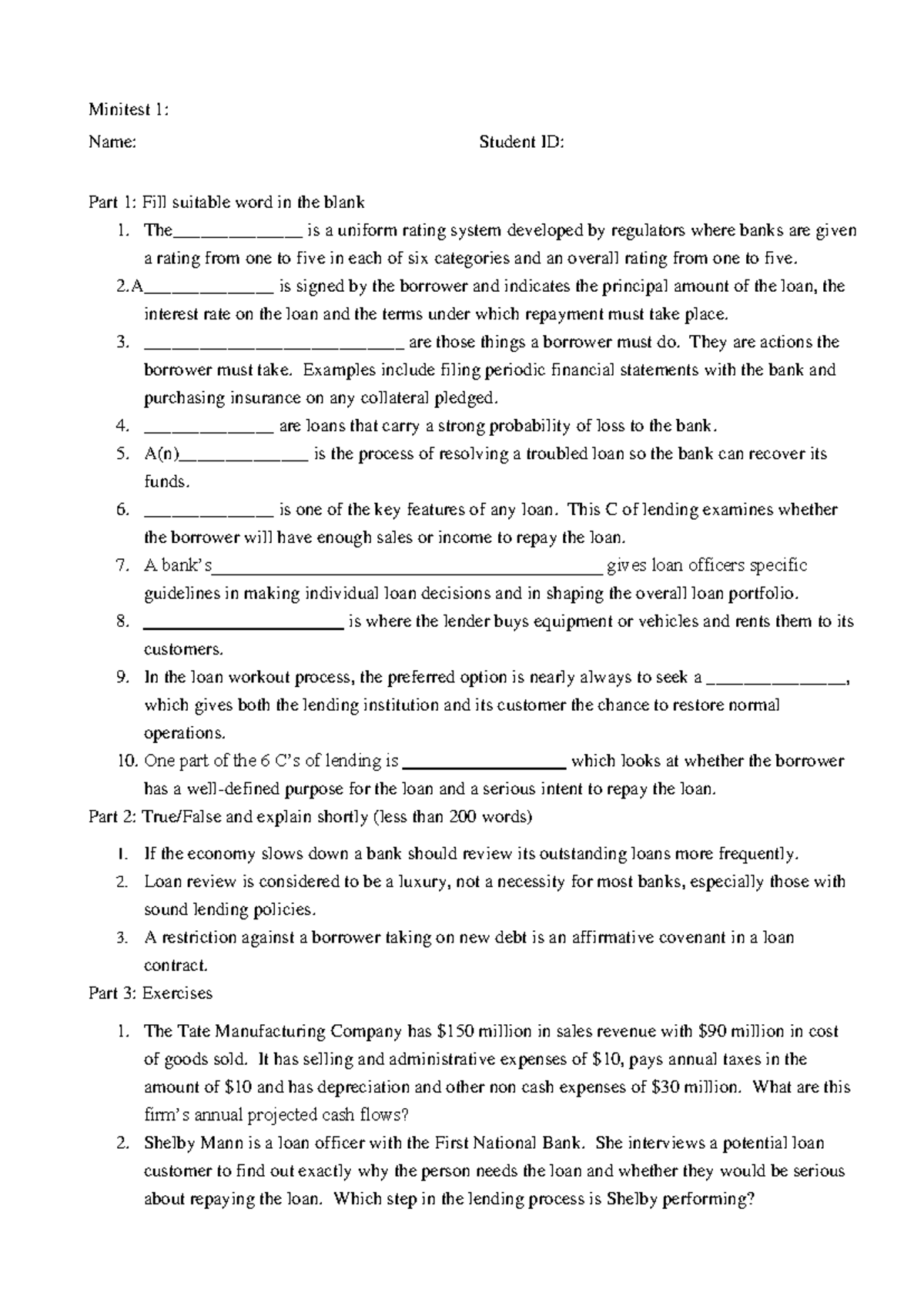 Minitest chapter 16 Minitest 1 Name Student ID Part 1 Fill