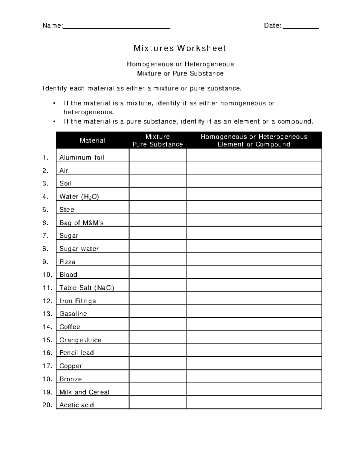 Mixtures Worksheet - Name: Date: _ Mixtures Worksheet Homogeneous or ...