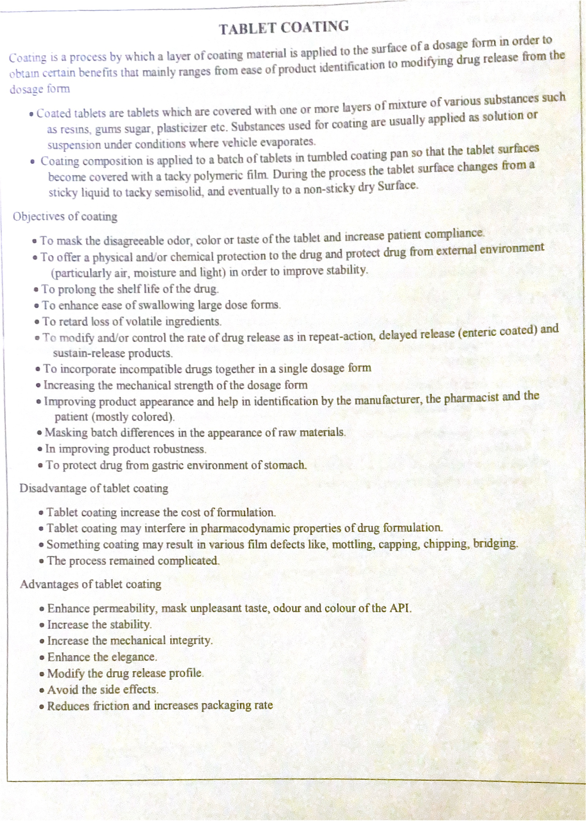Tablet coating - Lecture notes - Pharmacy - Studocu