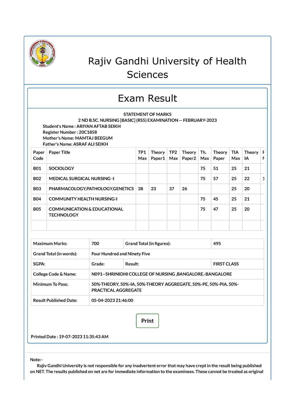 EMS Result Blue print Rajiv Gandhi University of Health