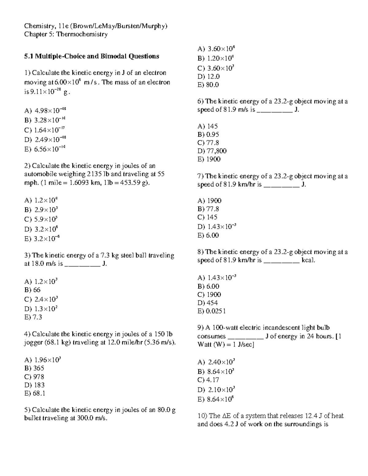 Ch05 Thermochemistry - hhtht - Chapter 5: Thermochemistry 5 Multiple ...