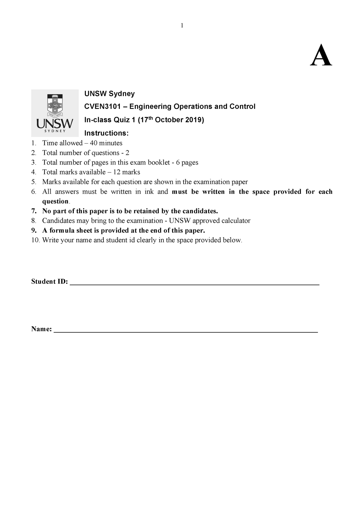 Inclass Quiz 2 Set A Solution - A UNSW Sydney CVEN3101 – Engineering ...