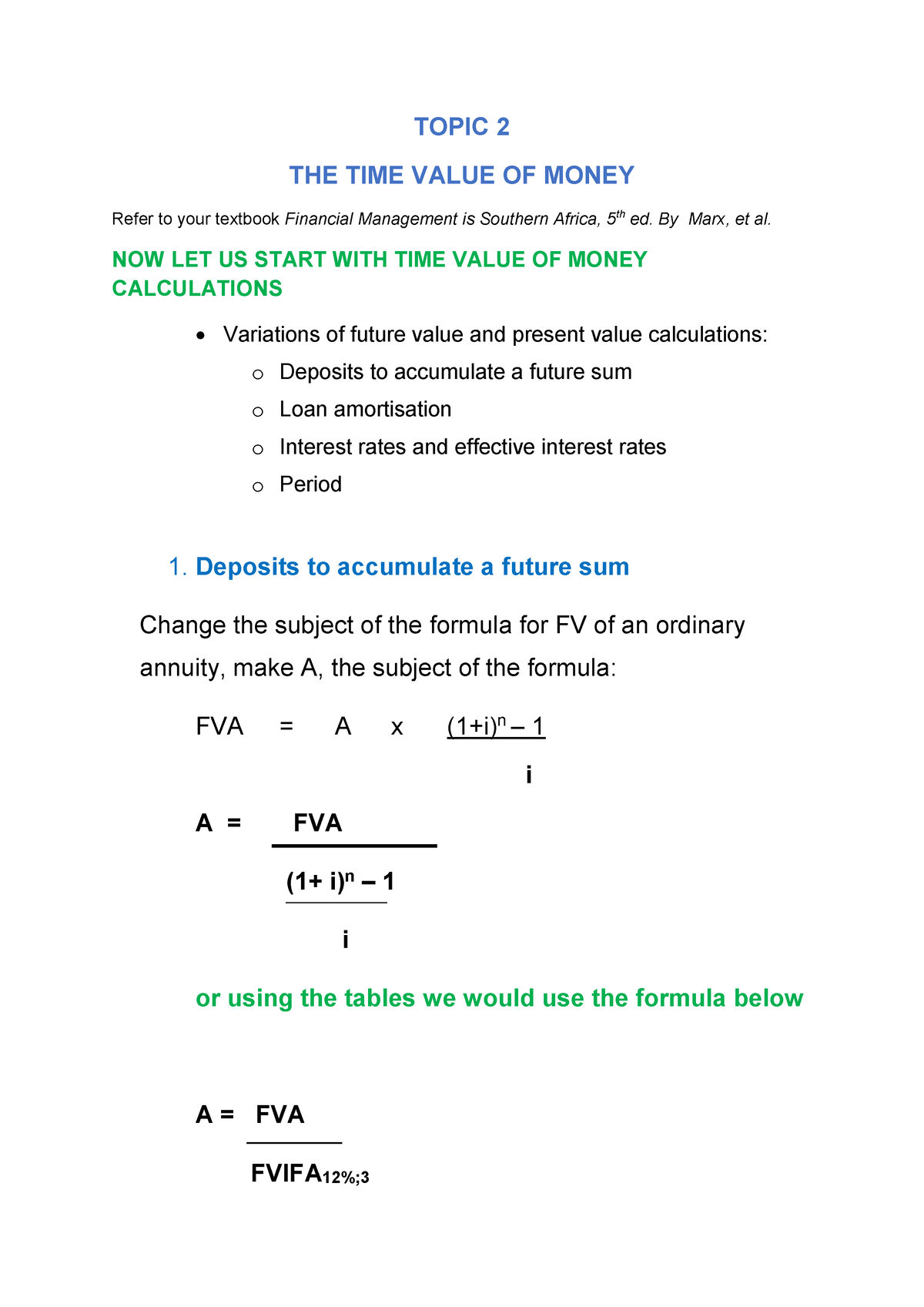 Notes Time value of money FV and PV variations - TOPIC 2 THE TIME VALUE ...