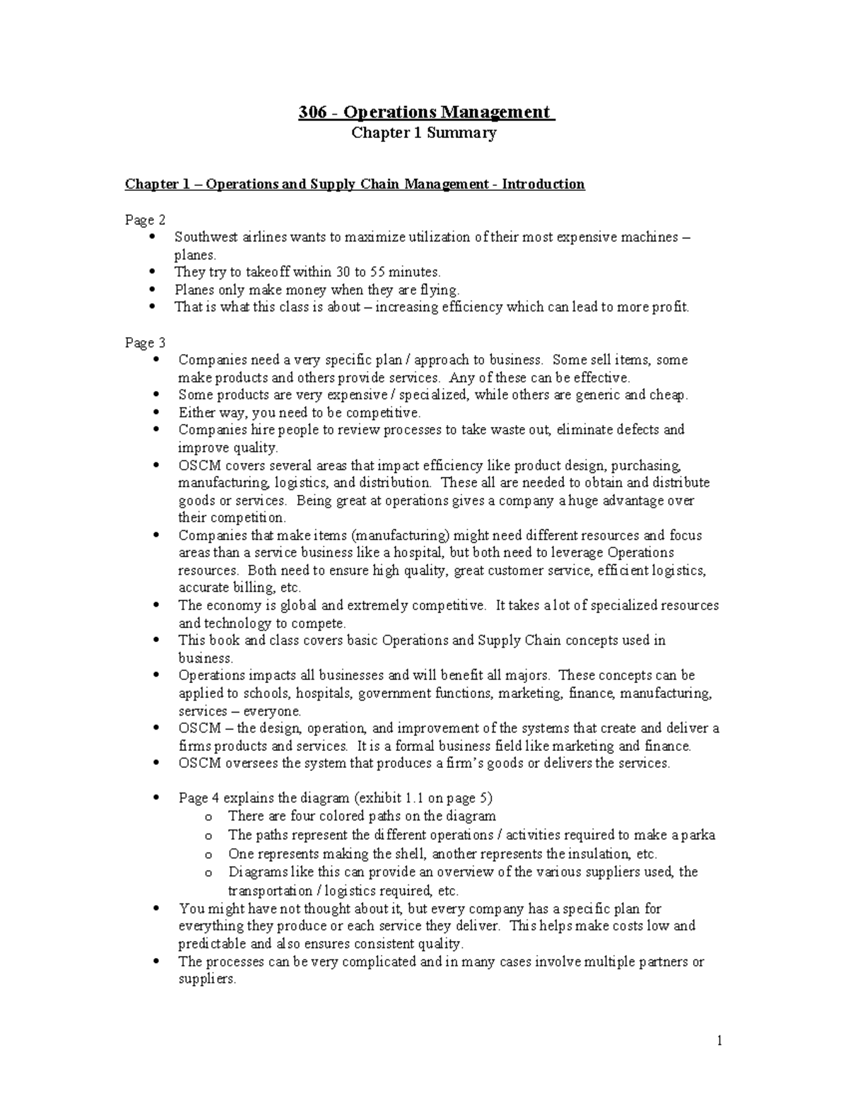 Chapter 1 Summary Example - 306 - Operations Management Chapter 1 ...