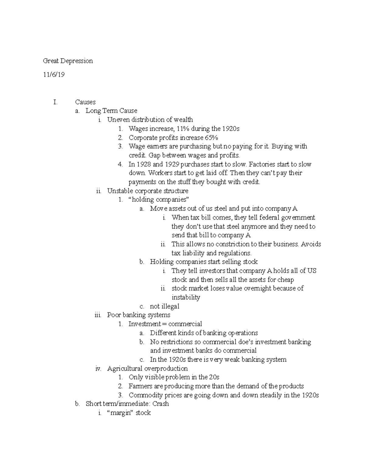 Great Depression - Lecture notes 21 - Great Depression 11/6/ I. Causes ...