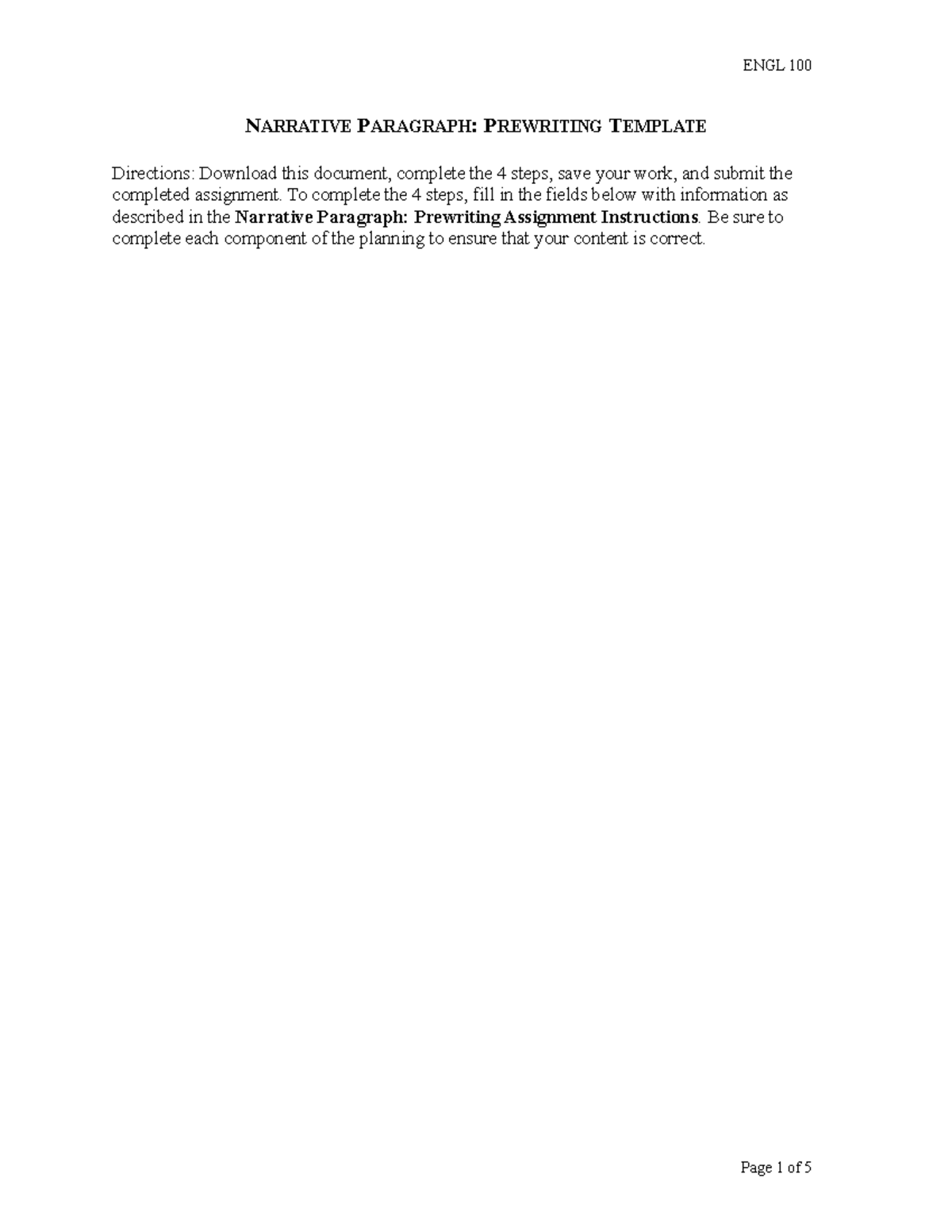 ENGL 100 Narrative Paragraph: Prewriting Template - Studocu