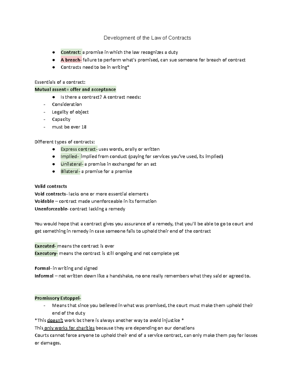 Law of Contracts Development of the Law of Contracts Contract a