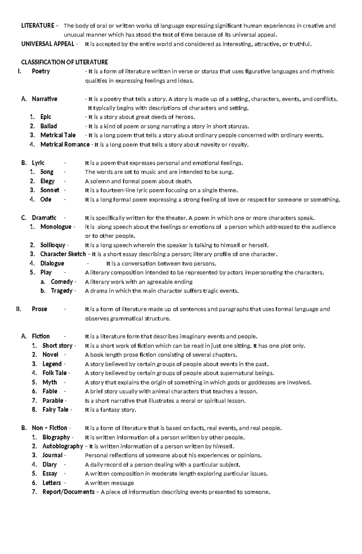 Classification of lit - LITERATURE – The body of oral or written works ...