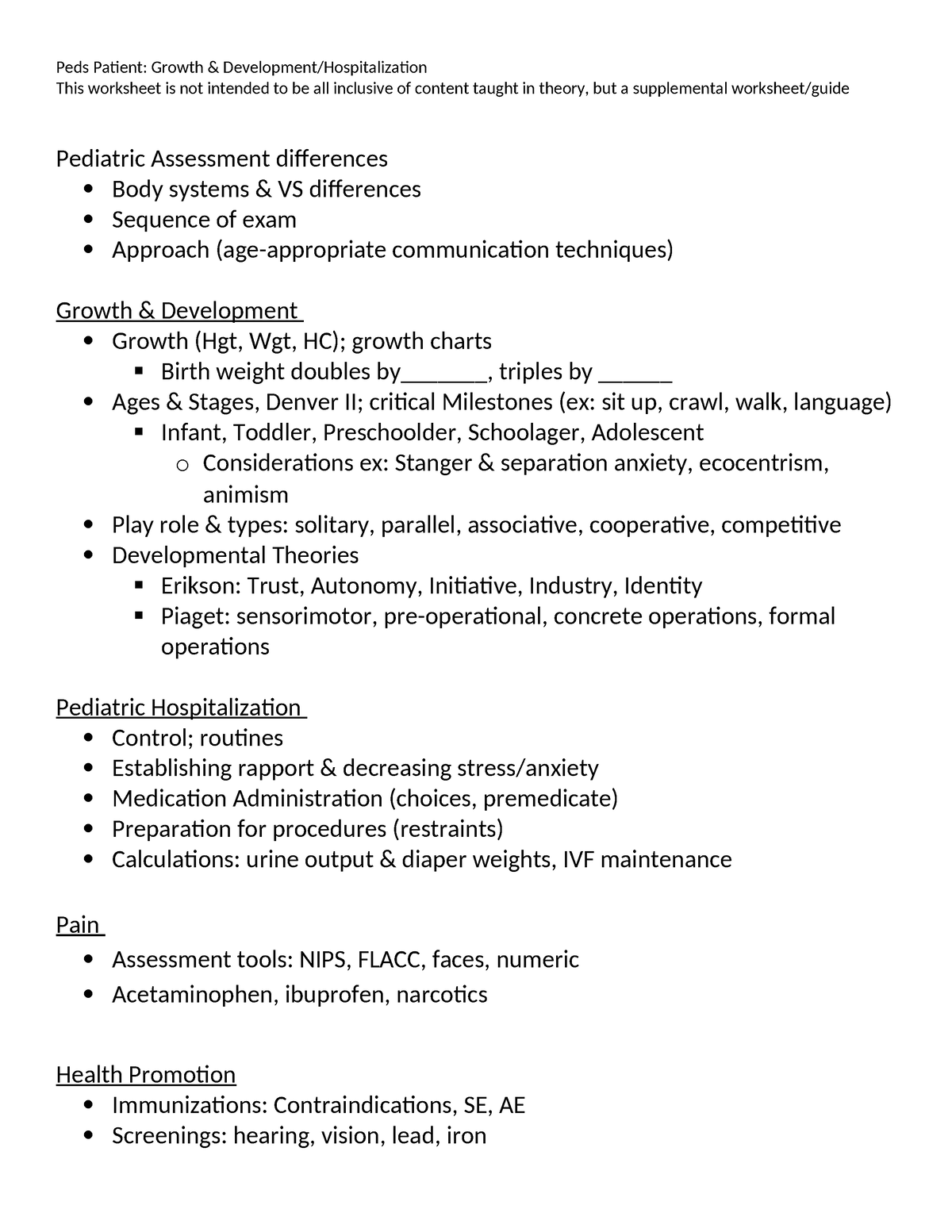 PEDS Assessment G&D Worksheet - Peds Patient: Growth & Development ...