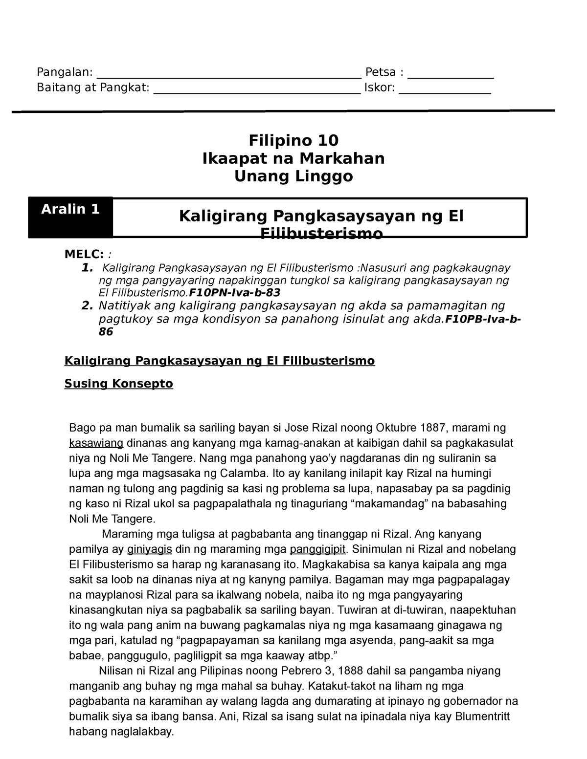 1 Filipino Grade 10 Wk 1 Q4 El Filipibustirismo 1 - Pangalan: - Studocu