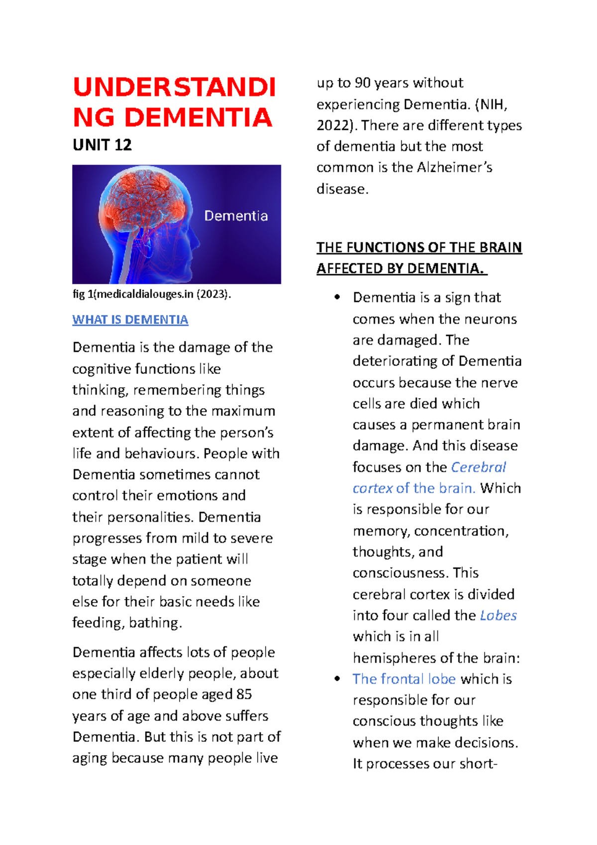 Understanding Dementia UNDERSTANDI NG DEMENTIA UNIT 12 fig 1