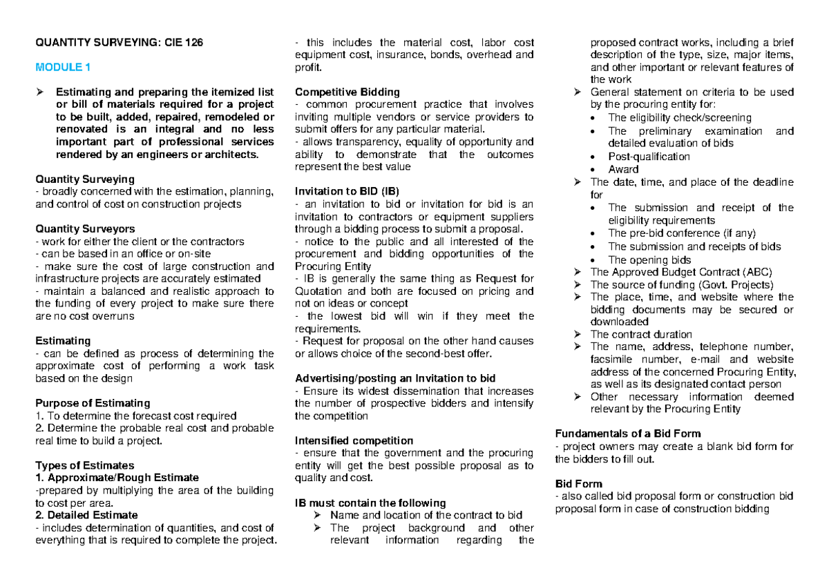 Quantity- Surveying - SCHOOL LECTURE - QUANTITY SURVEYING: CIE 126 ...