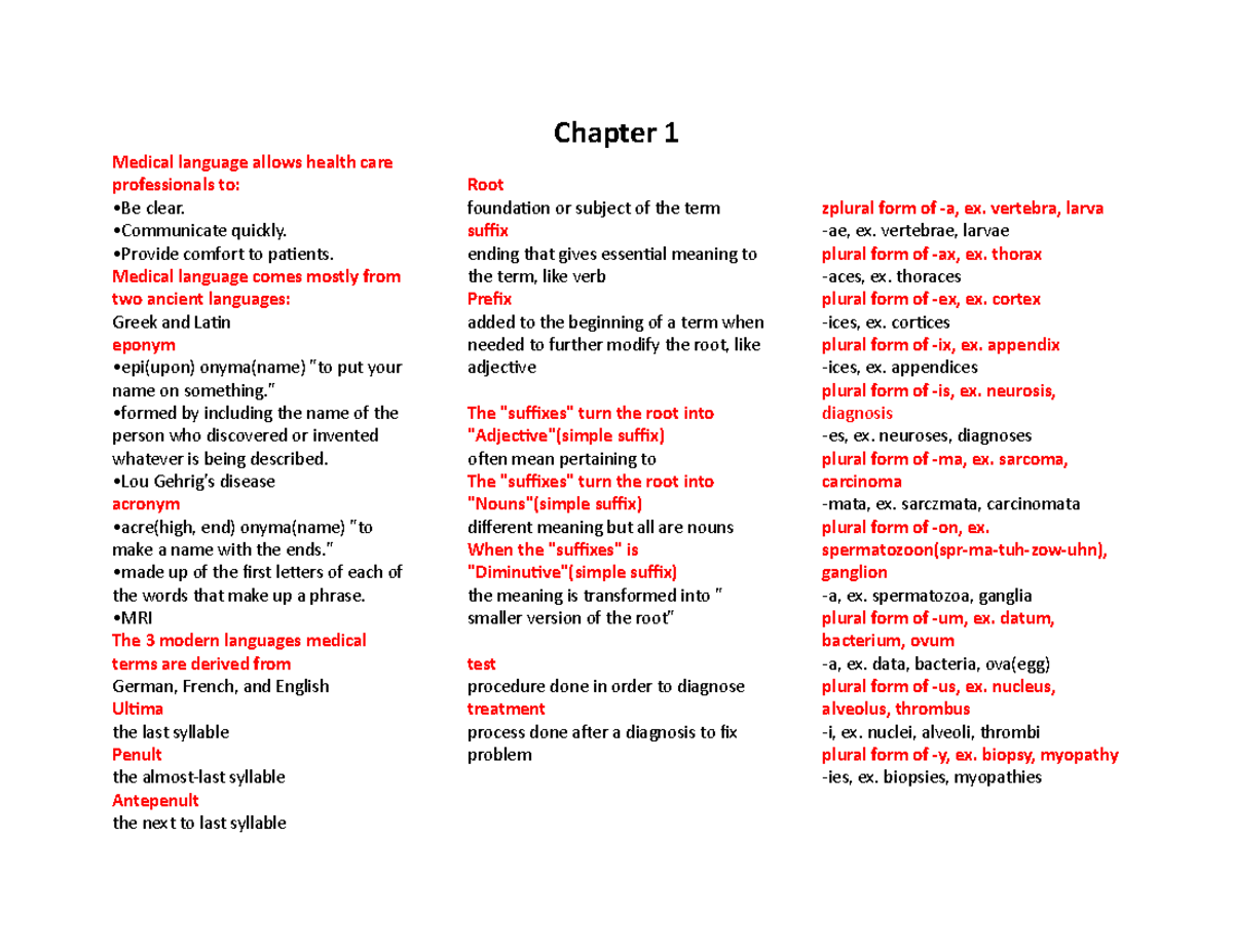 Exam 1 MEDICAL TERM Chapter 1 Medical language allows health care
