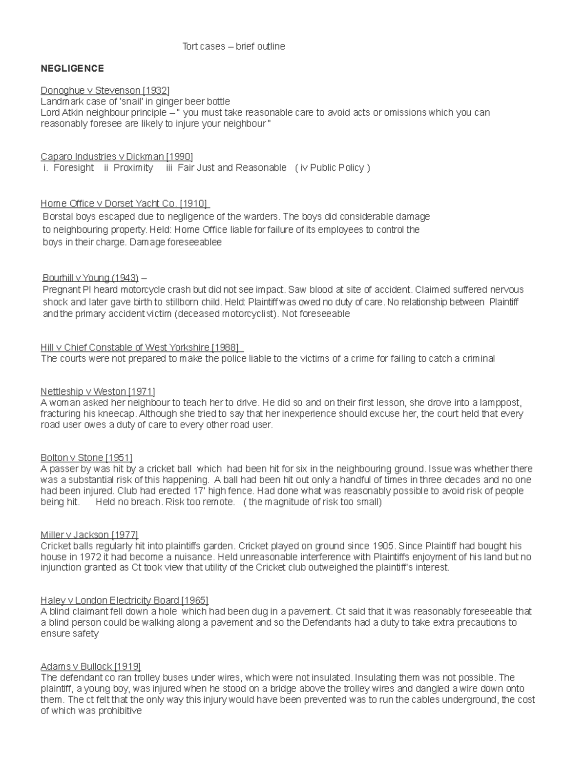 Tort cases glossary Tort law case summary Tort cases brief