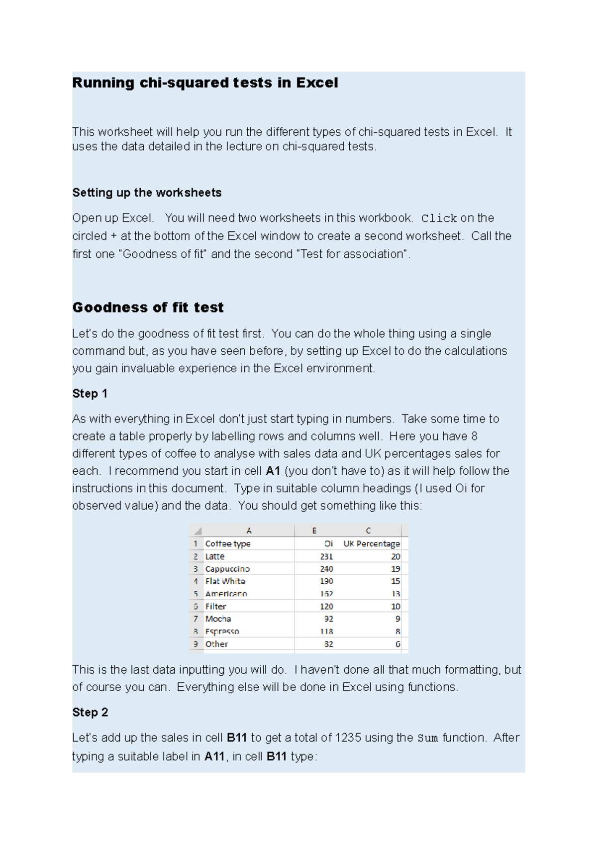 Week 11 Chi-squared test in Excel - Running chi-squared tests in Excel ...