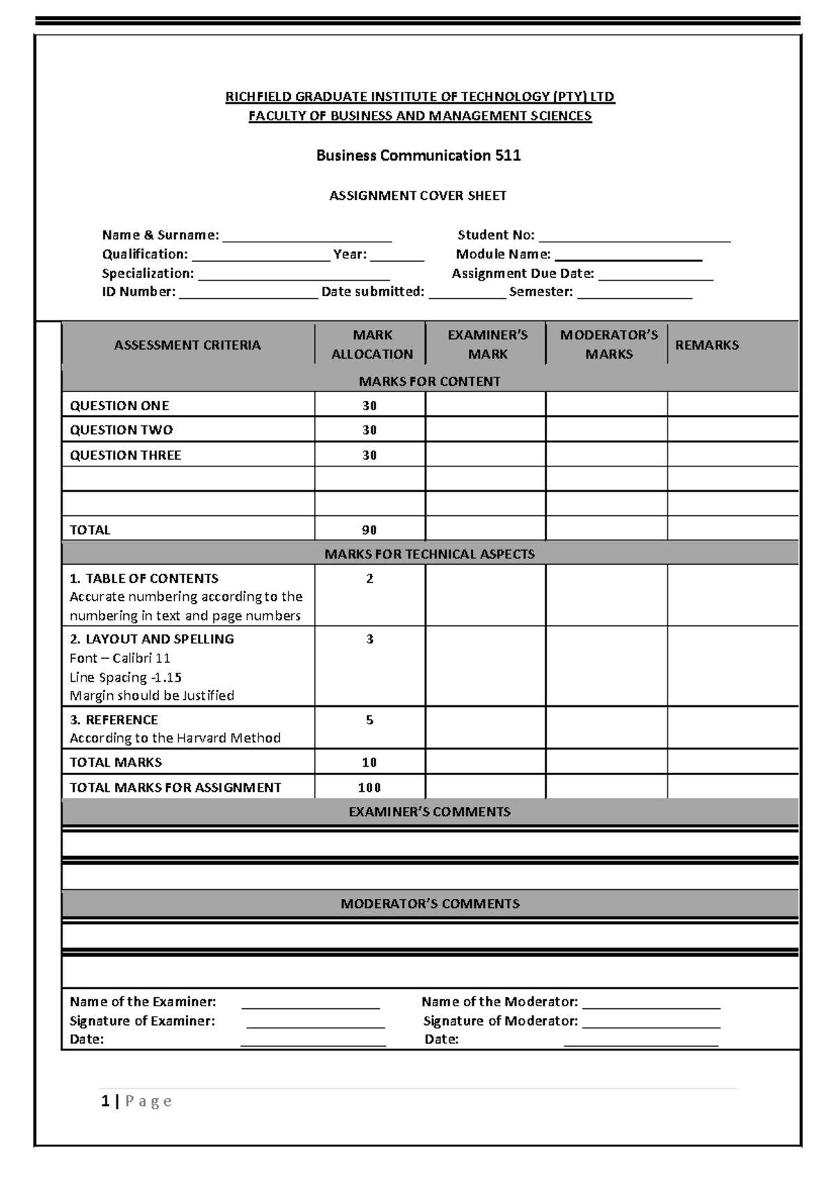 Business Communication Assignment - RICHFIELD GRADUATE INSTITUTE OF ...