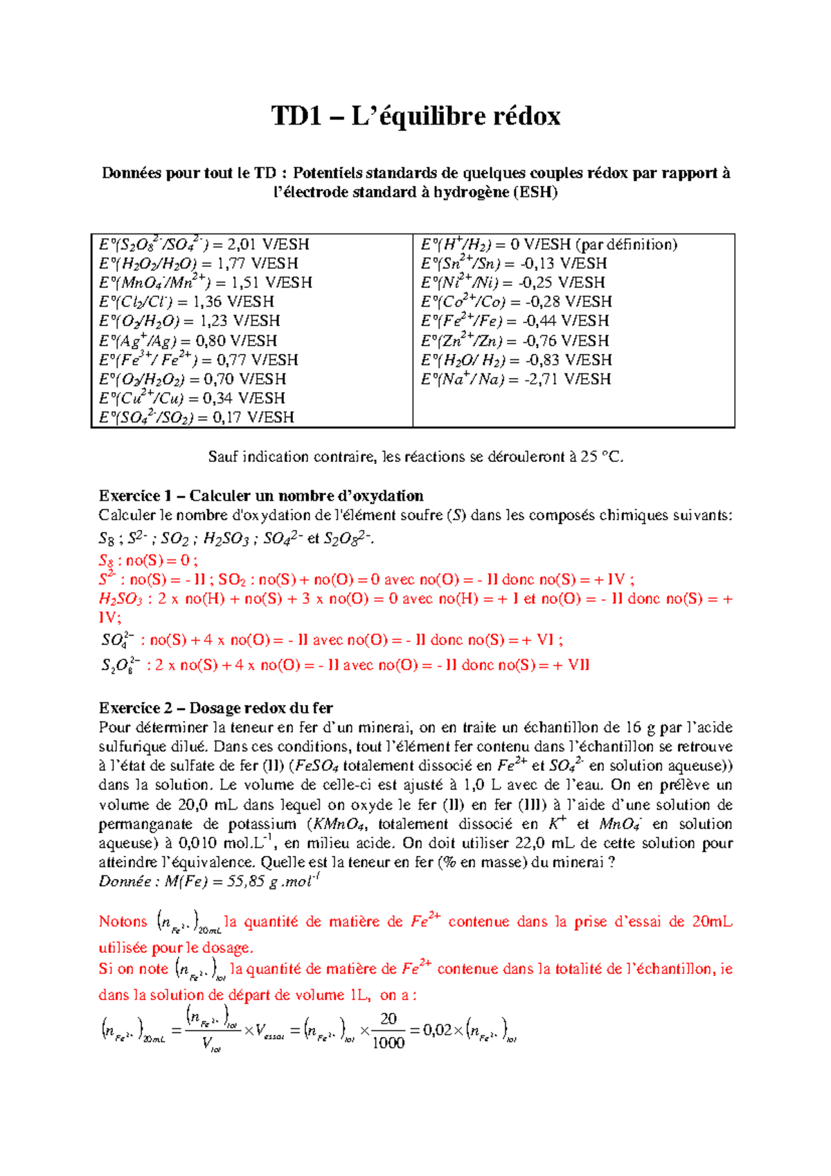 TD 1 équilibre Rédox Correction - TD1 – L’équilibre Rédox Données Pour ...