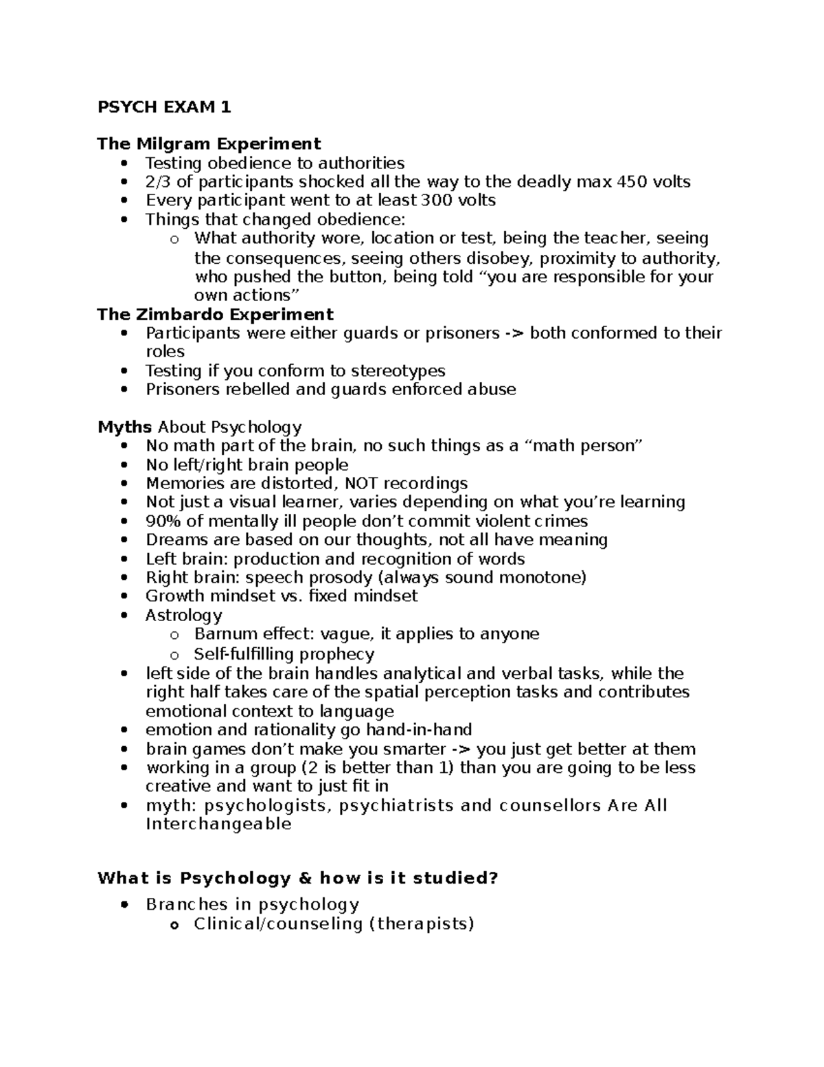 Psych Exam 1 Study Guide - PSYCH EXAM 1 The Milgram Experiment Testing ...