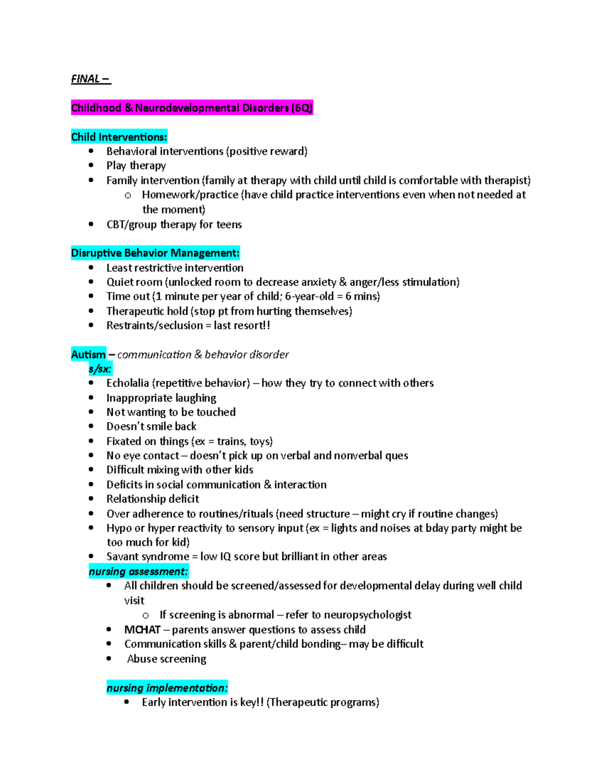 Psych final study guide - FINAL – Childhood & Neurodevelopmental ...