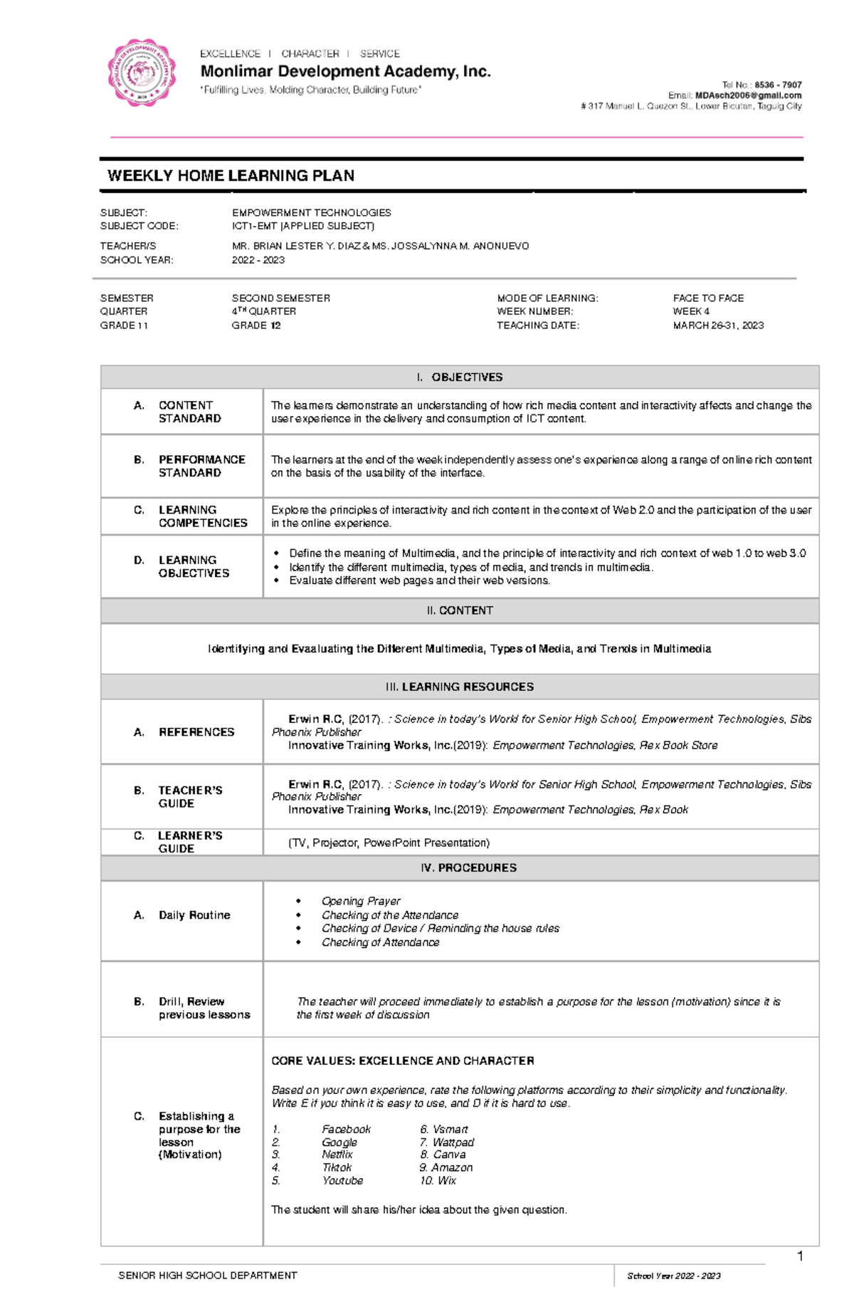 WHLP-5-E.TECH-4TH-QTR - 1 WEEKLY HOME LEARNING PLAN SUBJECT ...