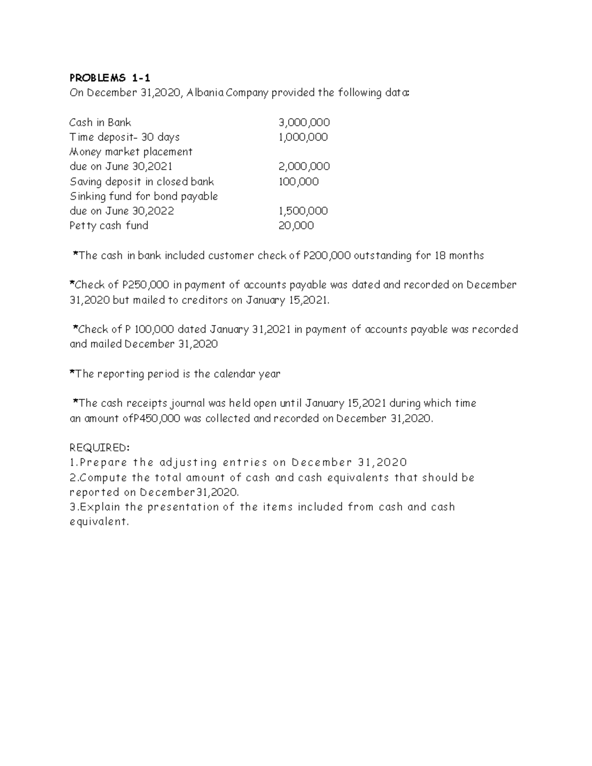 Problem-1 - SHJAB - PROBLEMS 1- On December 31,2020, Albania Company