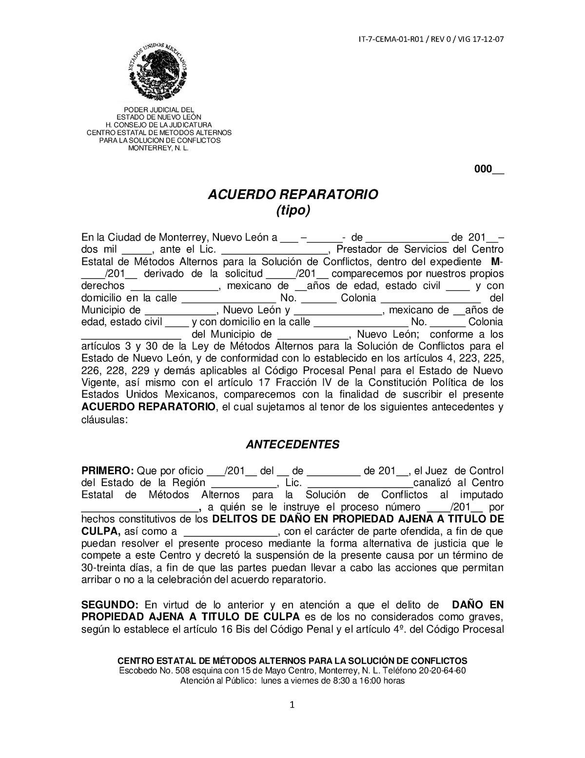 Ejemplo de escritos de acuerdos reparatorio para el derecho penal -  IT-7-CEMA-01-R01 / REV 0 / VIG - Studocu