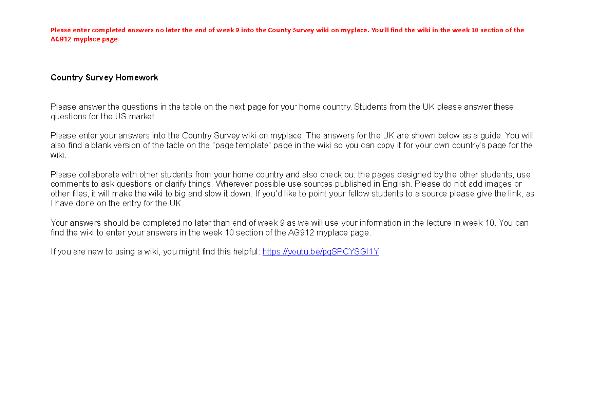 Country Survey Homework - Please enter completed answers no later the ...