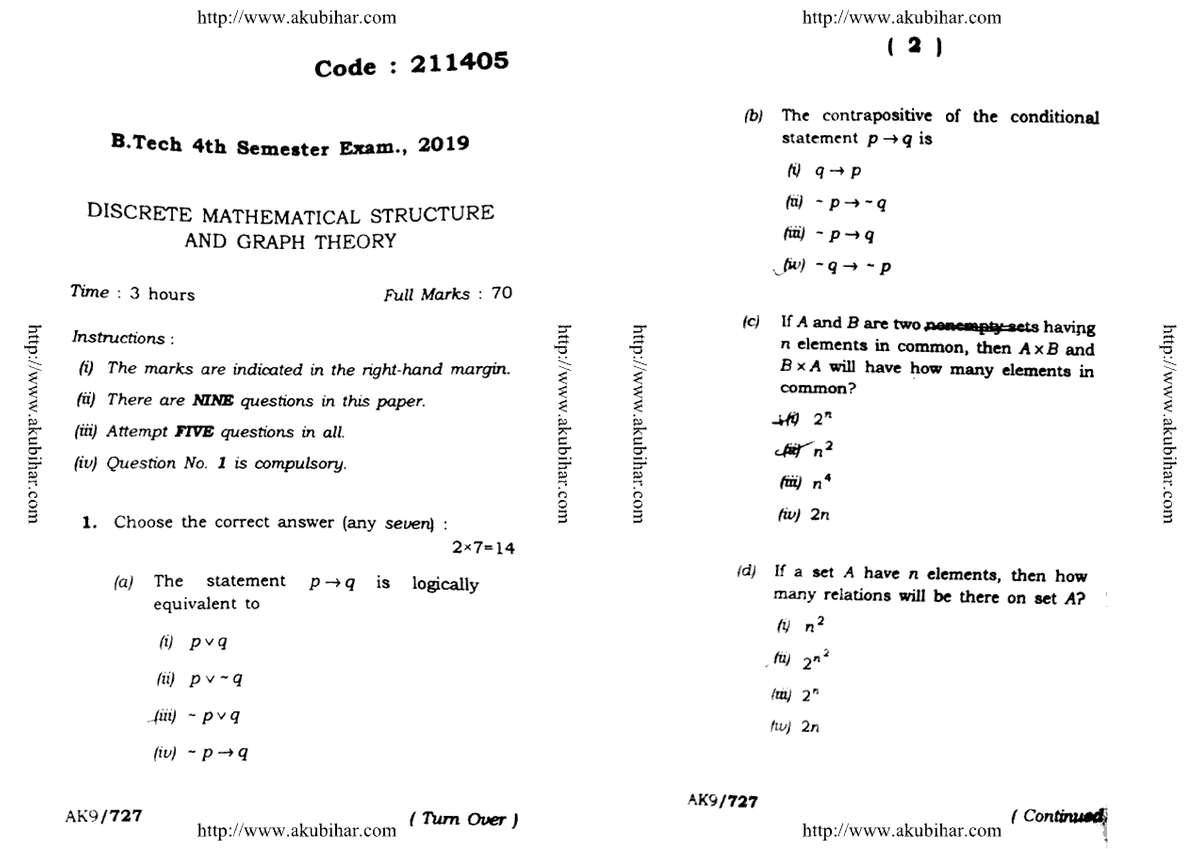 Btech Common 4 Sem Discrete Mathematical Structure And Graph Theory ...