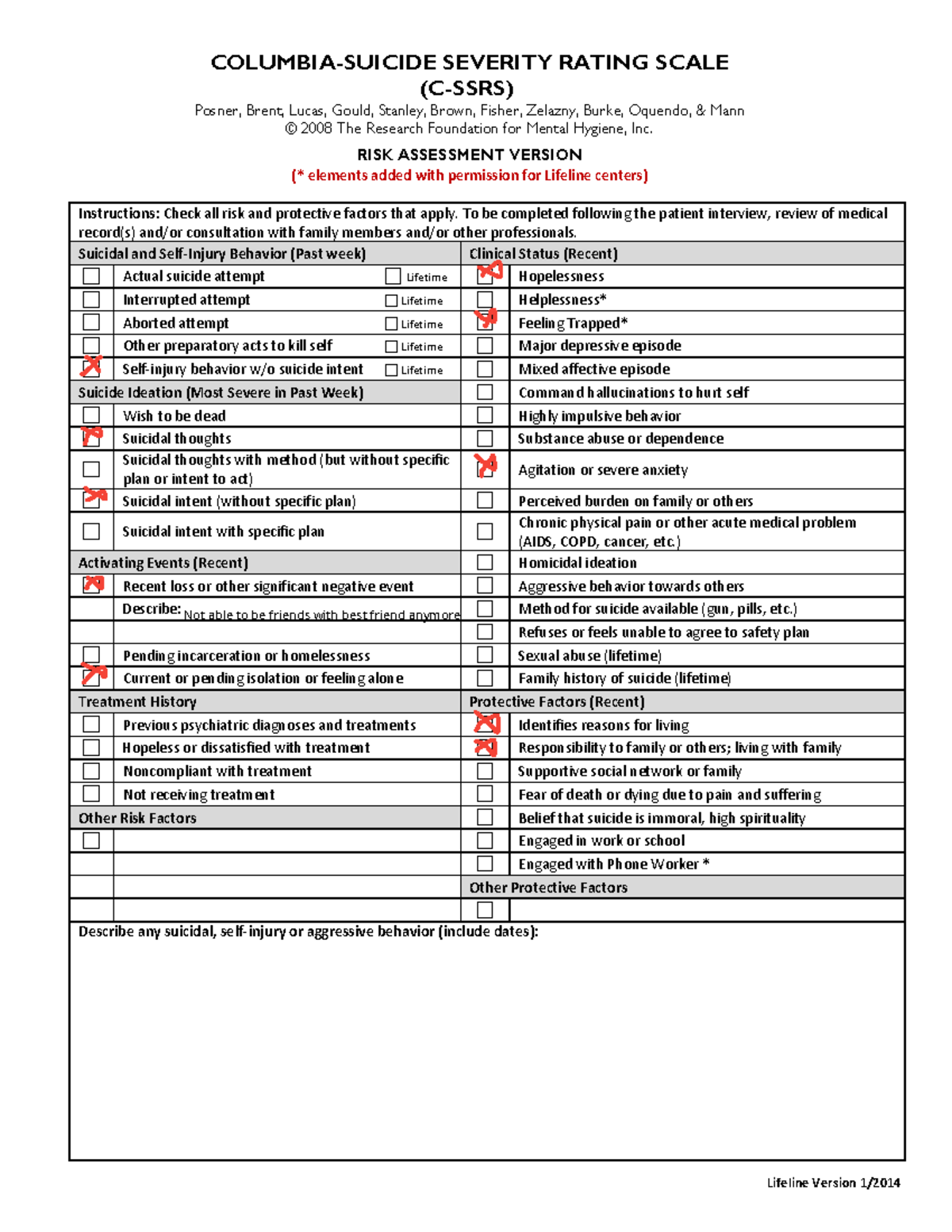 Suicide Risk Assessment C SSRS Lifeline Version 2014 pages deleted ...