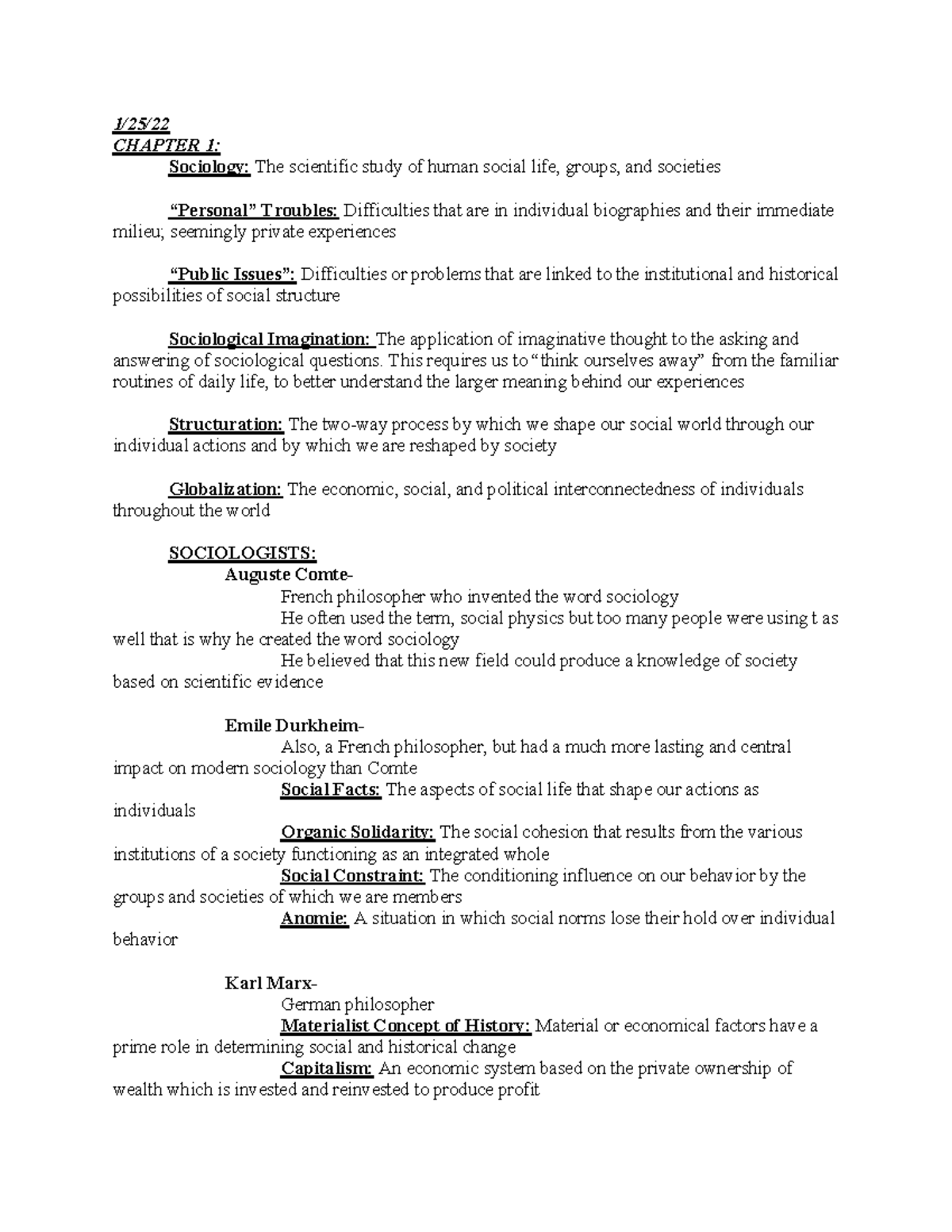 Sociology Notes - 1/25/ CHAPTER 1: Sociology: The scientific study of ...