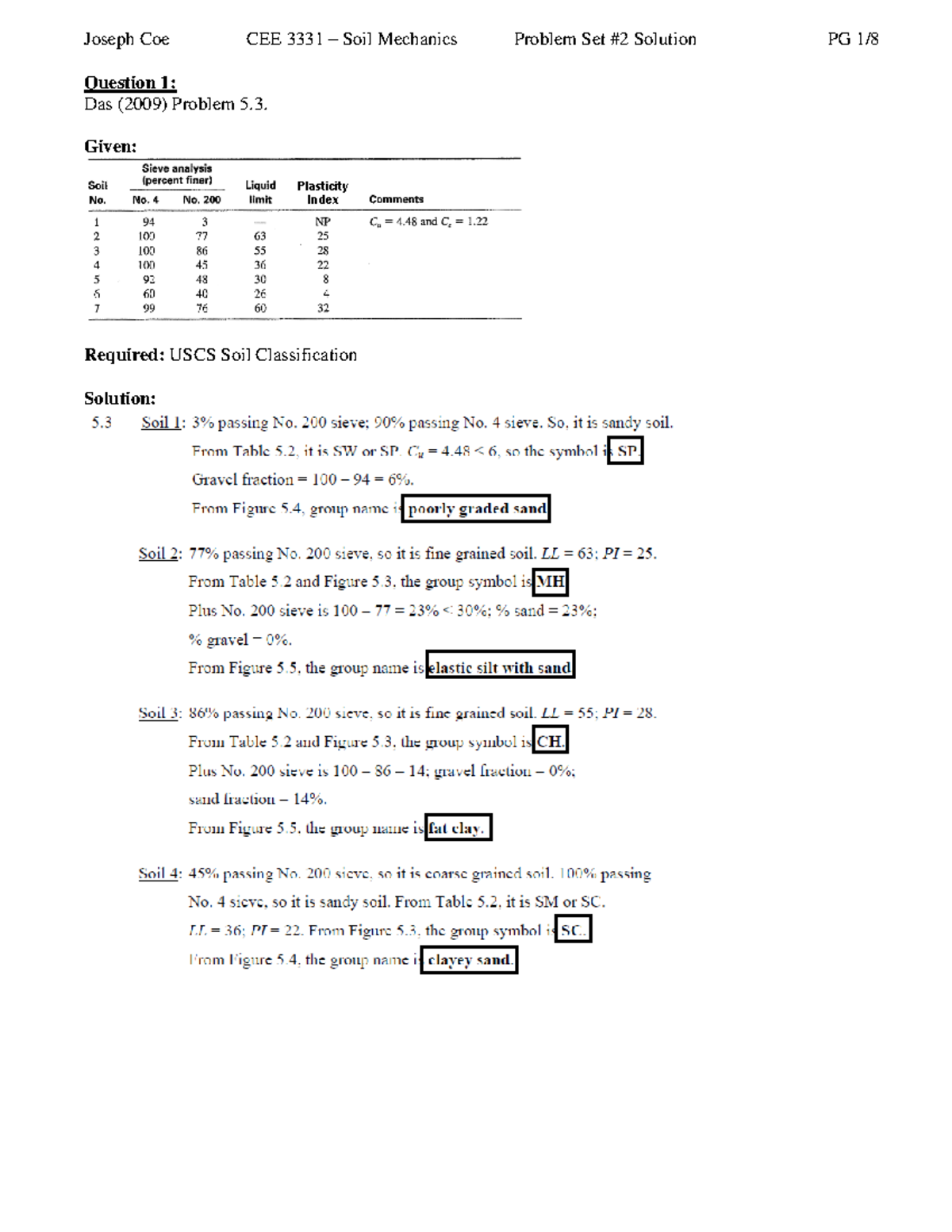 3331 F17 Prob Set 2 Sol - Soil Mechanics Problem Set Number 2 CIVE 3331 ...