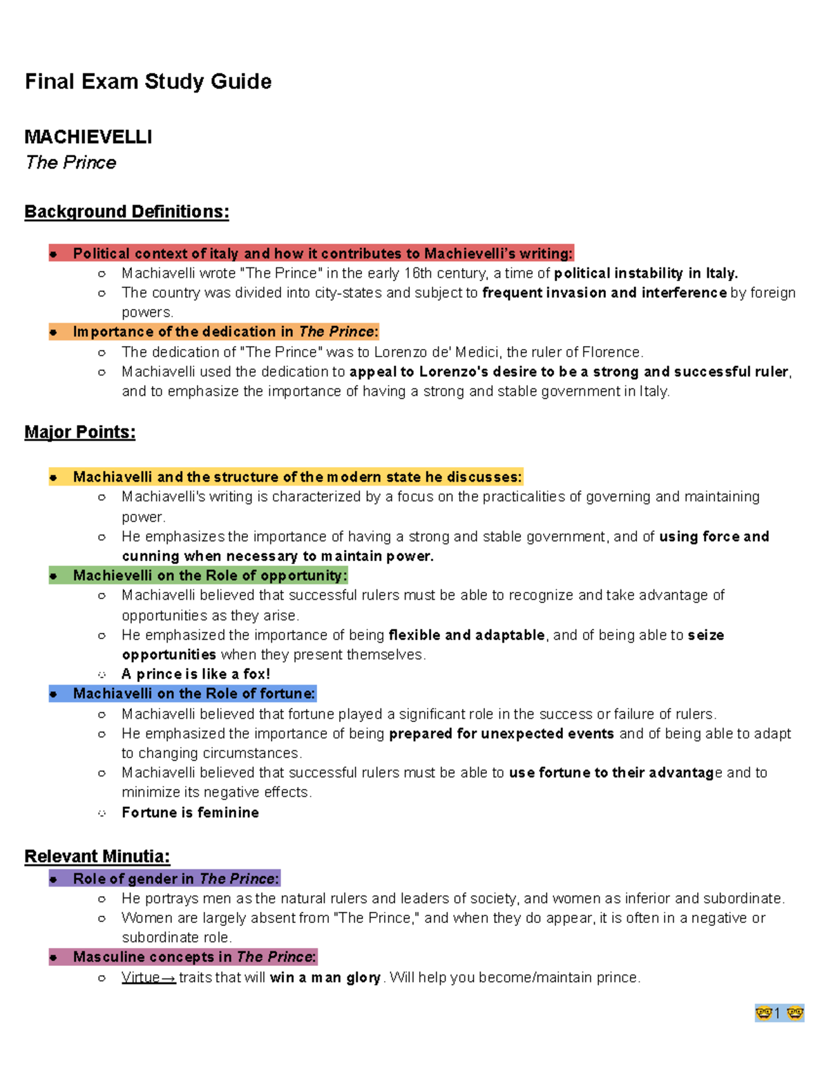 PLPT 3020 FInal SG - Final Exam Study Guide MACHIEVELLI The Prince ...