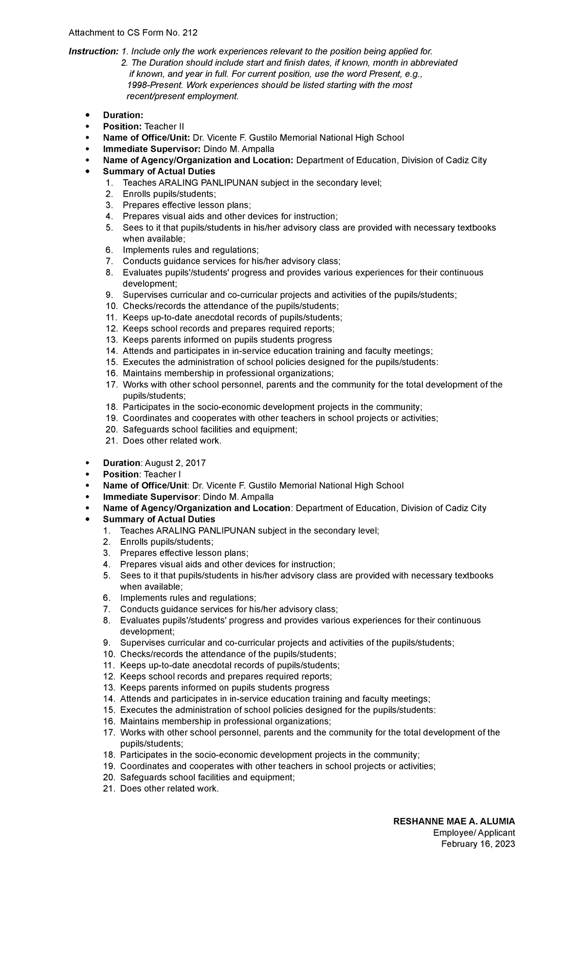 Attachment To Cs Form No 212 Instruction 1 Include Only The Work Experiences Relevant To The 1024